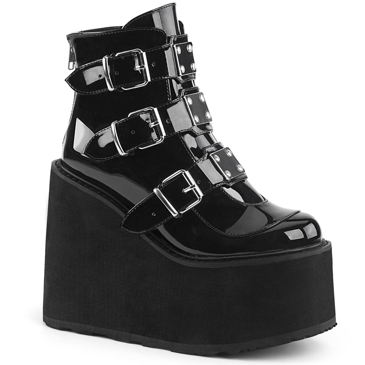 SWING-105 | DEMONIA | Black Wedge Platform Ankle Boot Featuring Triple Buckle Straps w/ Silver Chrome Plated Metal Plates at Center, Back Metal Zip Closure