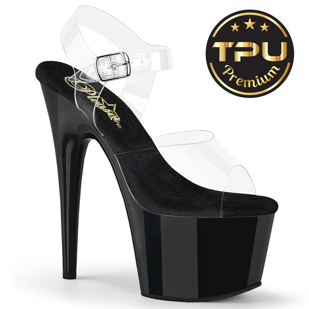 ADORE-708PREM | ADO708PREM | BLACK 7 INCH PLATFORM ANKLE STRAP FEATUING CLEAR SOFT TPU
