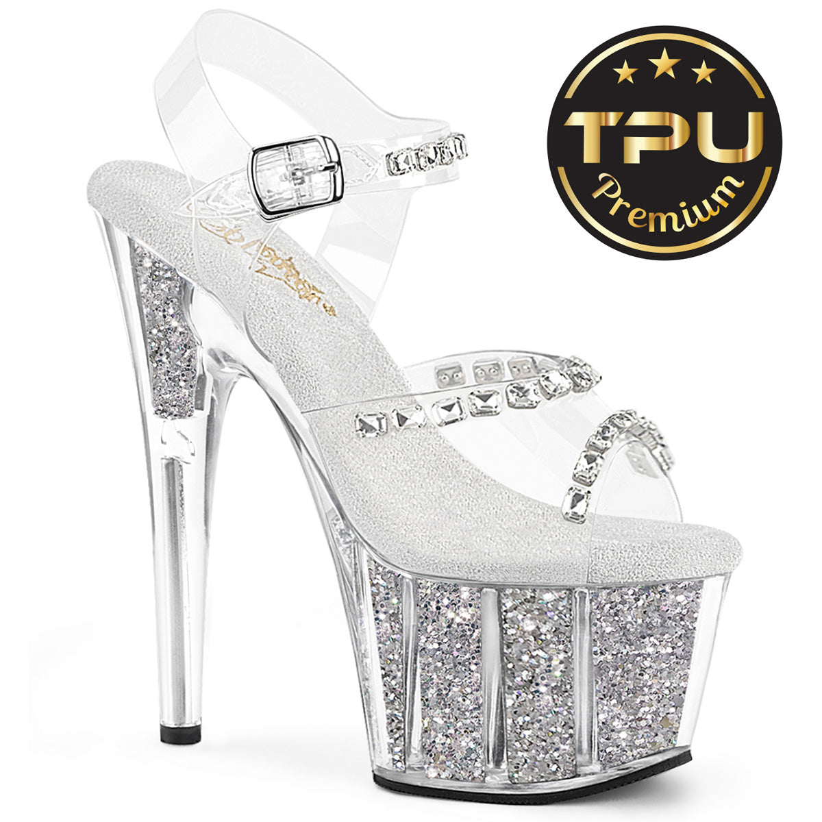 ADORE-708PREM-STNG |ADO708PREM| CLEAR/SLV GLITTER 7 INCH PLATFORM FEATURING CLEAR SOF TPU AND RHINESTONE AND GLITTER