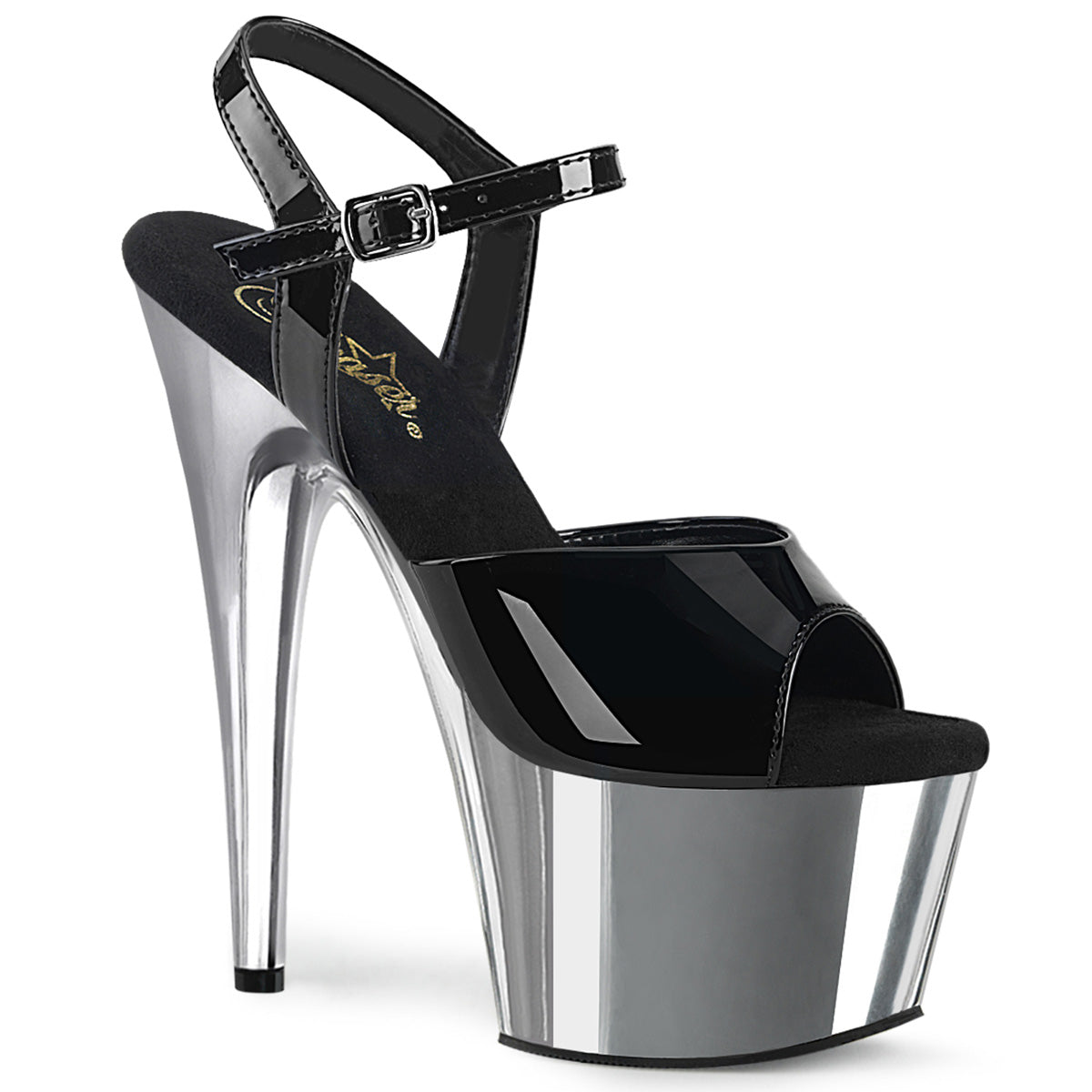 ADORE-709 |7 INCH HEEL | BLACK & SILVER SANDAL WITH ANKLE STRAP
