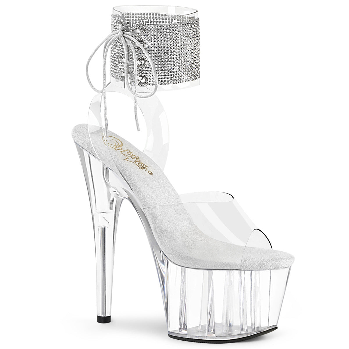 ADORE-791HTRS | 7 INCH HEEL | CLEAR ANKLE CUFF CLEAR SANDAL WITH RHINESTONES