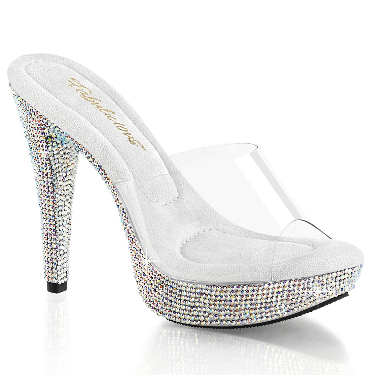 COCKTAIL-501DM | 5 INCH HEEL | CLEAR AND SILVER SLIDE IN SANDAL WITH RHINESTONES