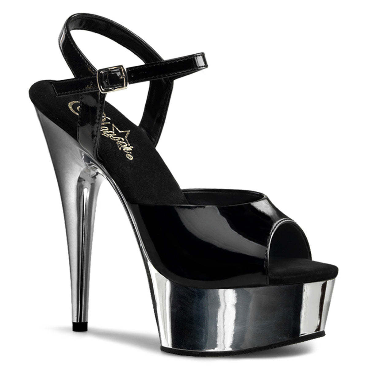 DELIGHT-609 | 6 INCH HEEL | BLACK CHROME SANDAL WITH ANKLE STRAP
