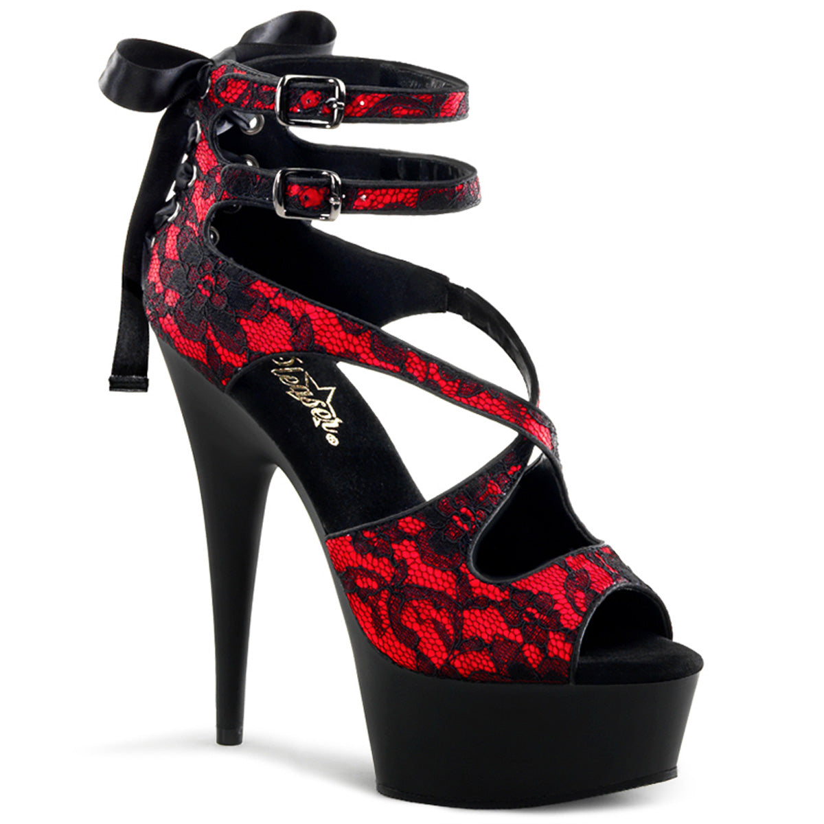 DELIGHT-678LC | DEL678LC | 6 INCH RED SATIN LACE CRIS CROSS DOUBLE ANKLE STRAP HEELS