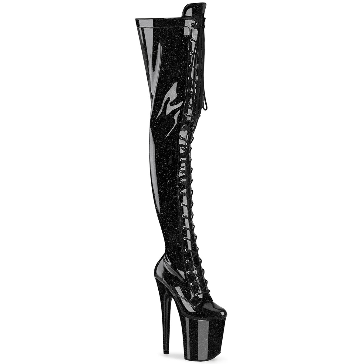 Flamingo-3020GP| FLAM3020GP| 8"Black Glitter Thigh High Lace Up Boots with Side Zip| Specials|Sales|In-Stock