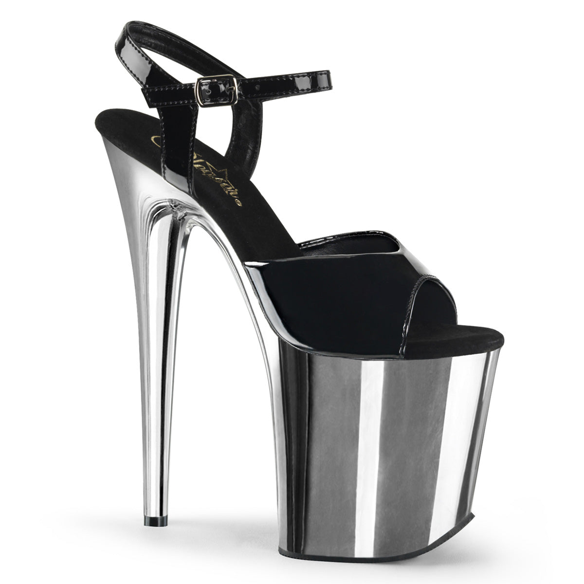 FLAMINGO-809 | 8 INCH HEEL | BLACK & SILVER CHROME SANDAL WITH ANKLE STRAP