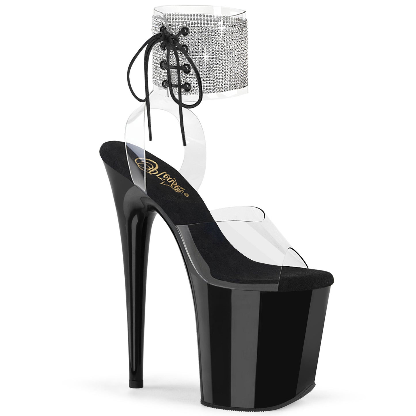 FLAMINGO-891 |FLAM891 |8 INCH HEEL | BLACK WITH SILVER RHINESTONES | ANKLE CUFF HEEL