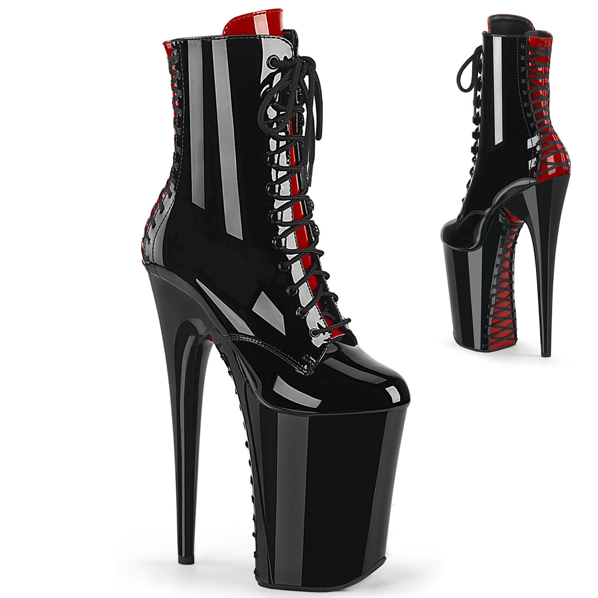 INFINITY-1020FH | 9 INCH CALF HIGH BOOTS | BLACK & RED LACE UP BOOTS WITH SIDE ZIP