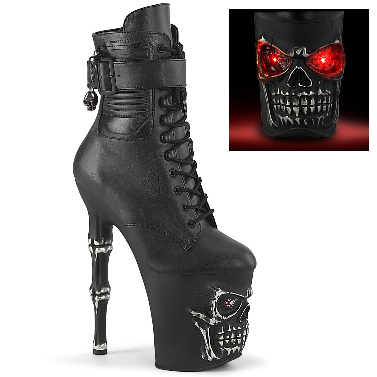 RAPTURE-1020STR-LT |RAPT1020STR-LT/BPU/M| 8 INCH BLK MATTE & SILVER SKULL PLATFORM WITH RED LED LIGHTS