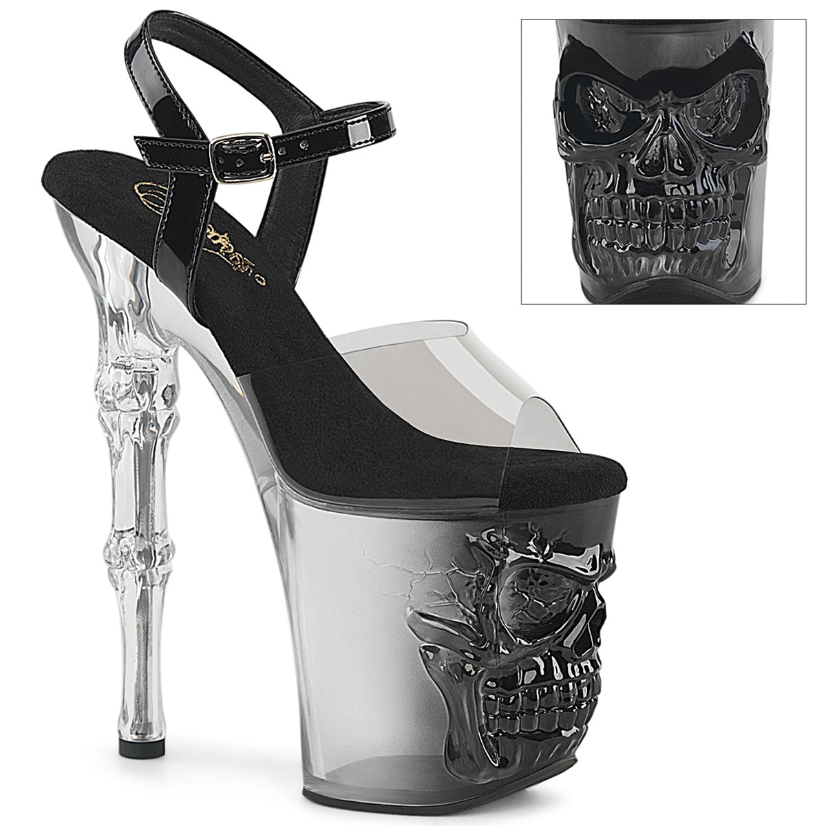 RAPTURE-808T-1 |RAPT808T-1/SK-B/B-C| 8 INCH SKULL & BONE CLEAR/BLACK OMBRE PLATFORM HEEL