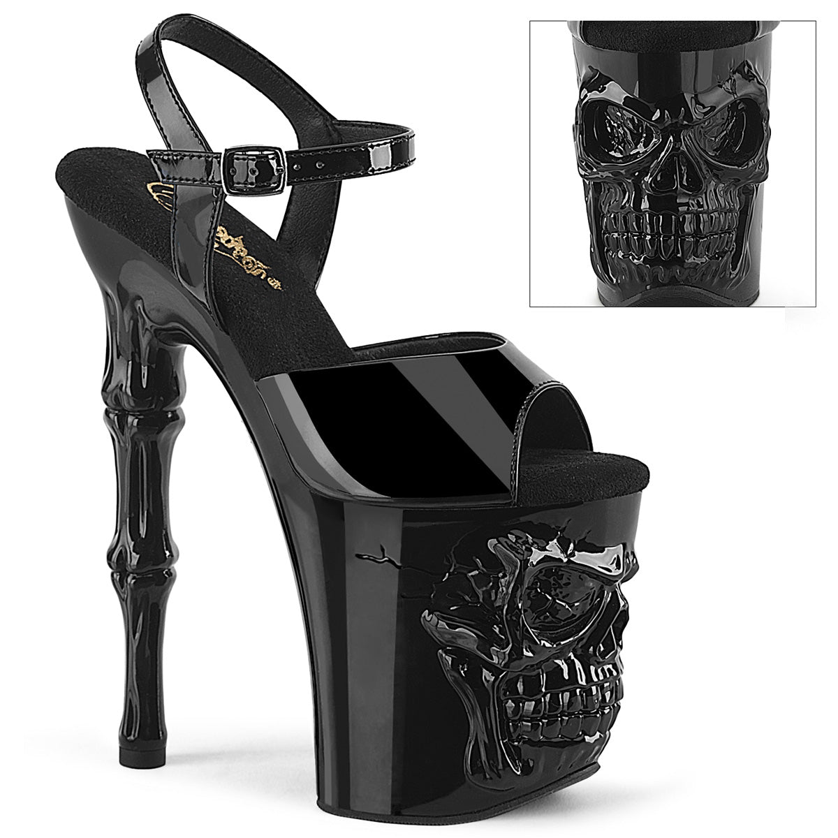 RAPTURE-809 |RAPT809/B/M| 8 INCH BLACK SKULL & BONES ANKLE STRAP PLATFORM