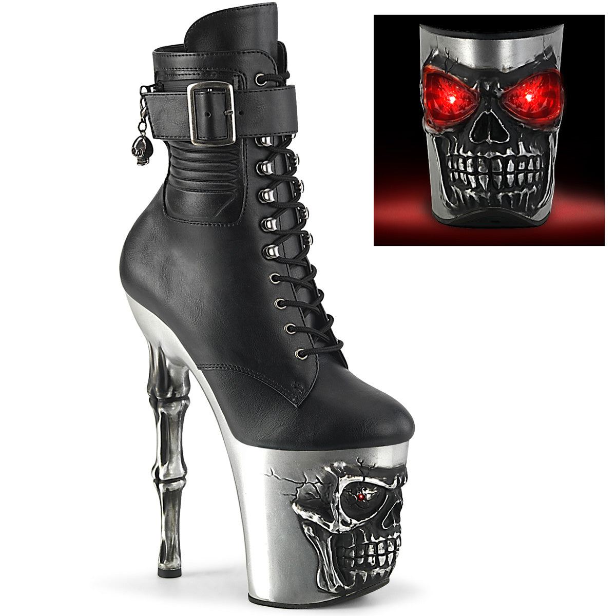 RAPTURE-1020STR-LT |RAPT1020STR-LT/BPU/S | 8 INCH BLACK & SILVER CHROME SKULL WITH RED ANKLE BOOT