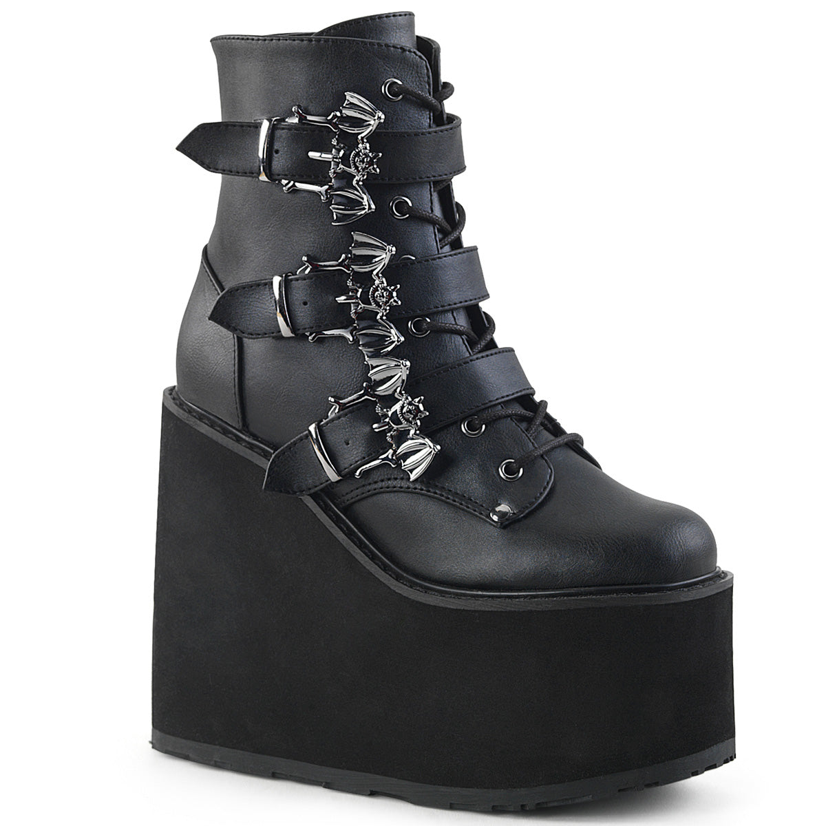 SWING-103 | DEMONIA | Black Wedge Platform Lace-Up Front Ankle Boot Featuring Triple Bat Buckle Straps, Metal Inner Side Zip Closure