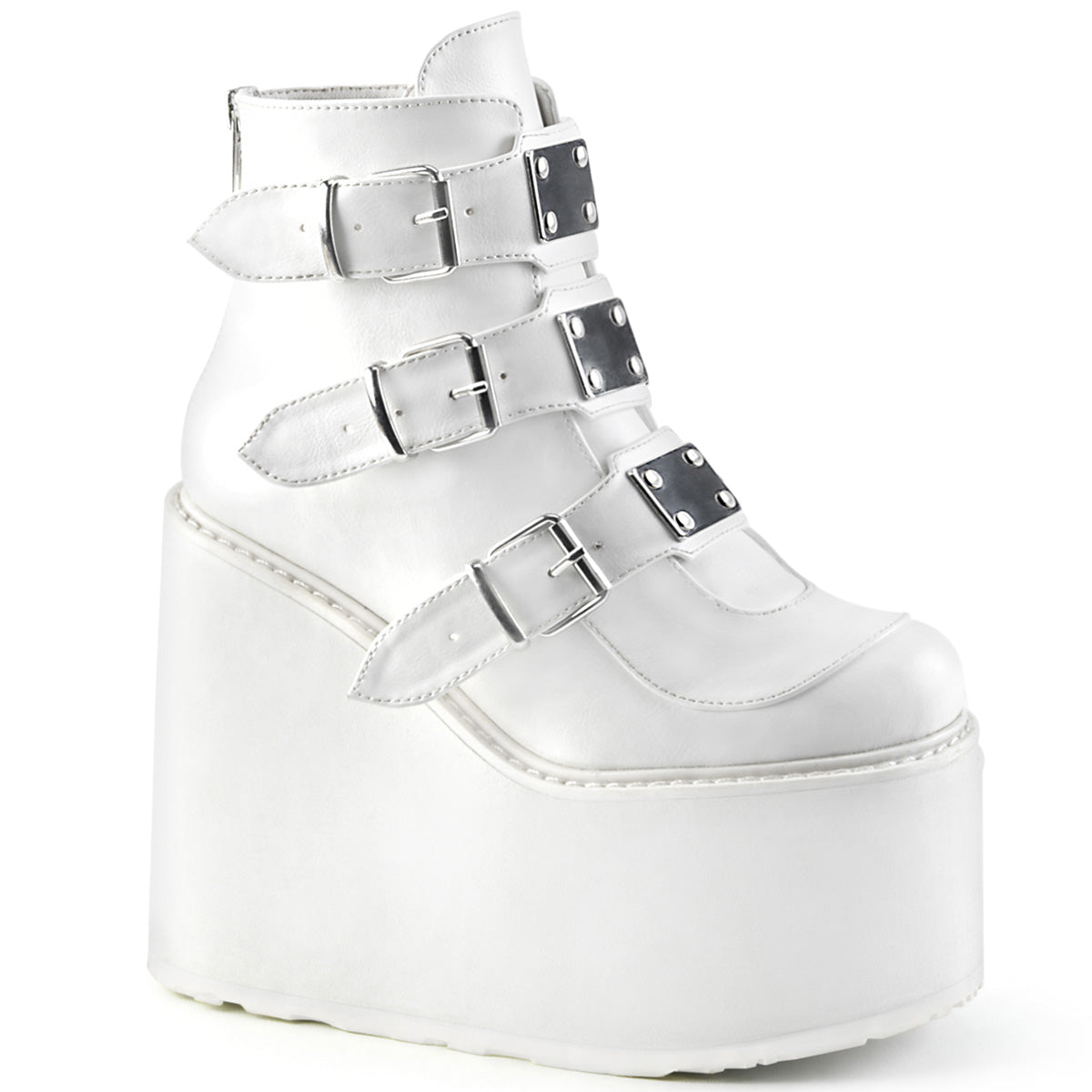 SWING-105 | DEMONIA | White Wedge Platform Ankle Boot Featuring Triple Buckle Straps w/ Silver Chrome Plated Metal Plates at Center, Back Metal Zip Closure