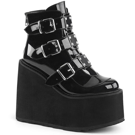 SWING-105 | DEMONIA | Black  Wedge Platform Ankle Boot Featuring Triple Buckle Straps w/ Silver Chrome Plated Metal Plates at Center, Back Metal Zip Closure