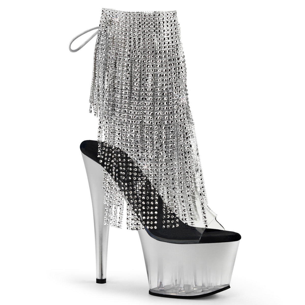 ADORE-1017RSFT | ADO1017RSFT | 7 INCH HEEL | CLEAR-SILVER STILLETO HEEL BACK LACE-UP ANKLE BOOT WITH RHINESTONES FRINGE AND INNER ZIP