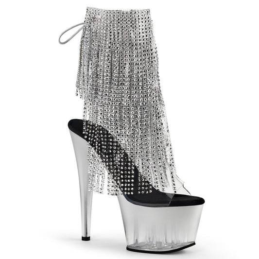 ADORE-1017RSFT | ADO1017RSFT | 7 INCH HEEL | CLEAR-SILVER STILLETO HEEL BACK LACE-UP ANKLE BOOT WITH RHINESTONES FRINGE AND INNER ZIP