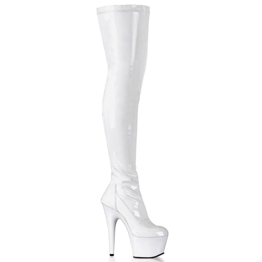 ADORE-3000/W/M |ADO3000| 7 INCH WHITE PLAIN STRETCH THIGH HIGH PLATFORM BOOT WITH SIDE ZIP