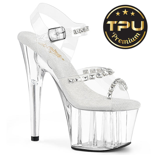 ADORE-708PREM-STN | ADO708PREM | CLEAR 7 INCH PLATFORM ANKLE STRAP SANDAL FEATURING CLEAR SOFT TUP AND RHINESTONES
