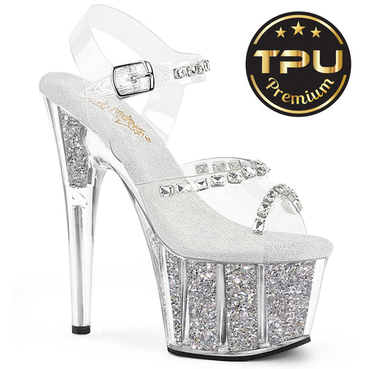 ADORE-708PREM-STNG |ADO708PREM| CLEAR/SLV GLITTER 7 INCH PLATFORM FEATURING CLEAR SOF TPU AND RHINESTONE AND GLITTER