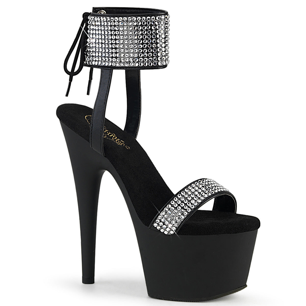 ADORE-770 | 7 INCH HEEL | BLACK LACE-UP BACK ANKLE CUFF SANDAL WITH RHINESTONES