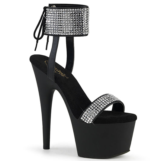 ADORE-770 | 7 INCH HEEL | BLACK LACE-UP BACK ANKLE CUFF SANDAL WITH RHINESTONES