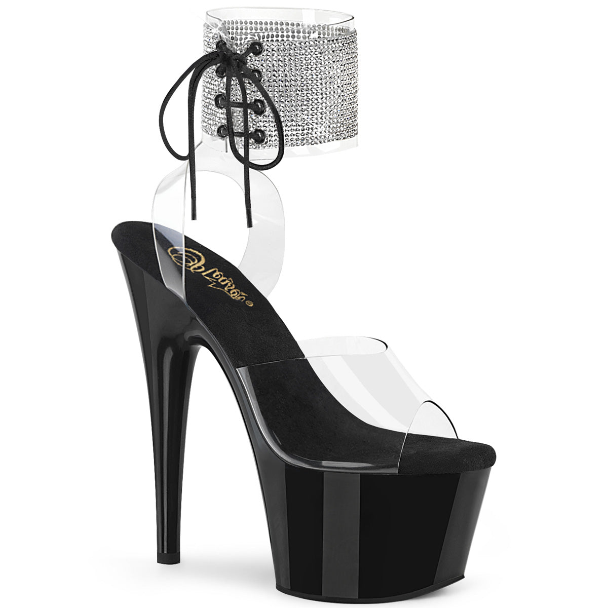 ADORE-791HTRS | 7 INCH HEEL | BLACK ANKLE CUFF SANDAL WITH RHINESTONES