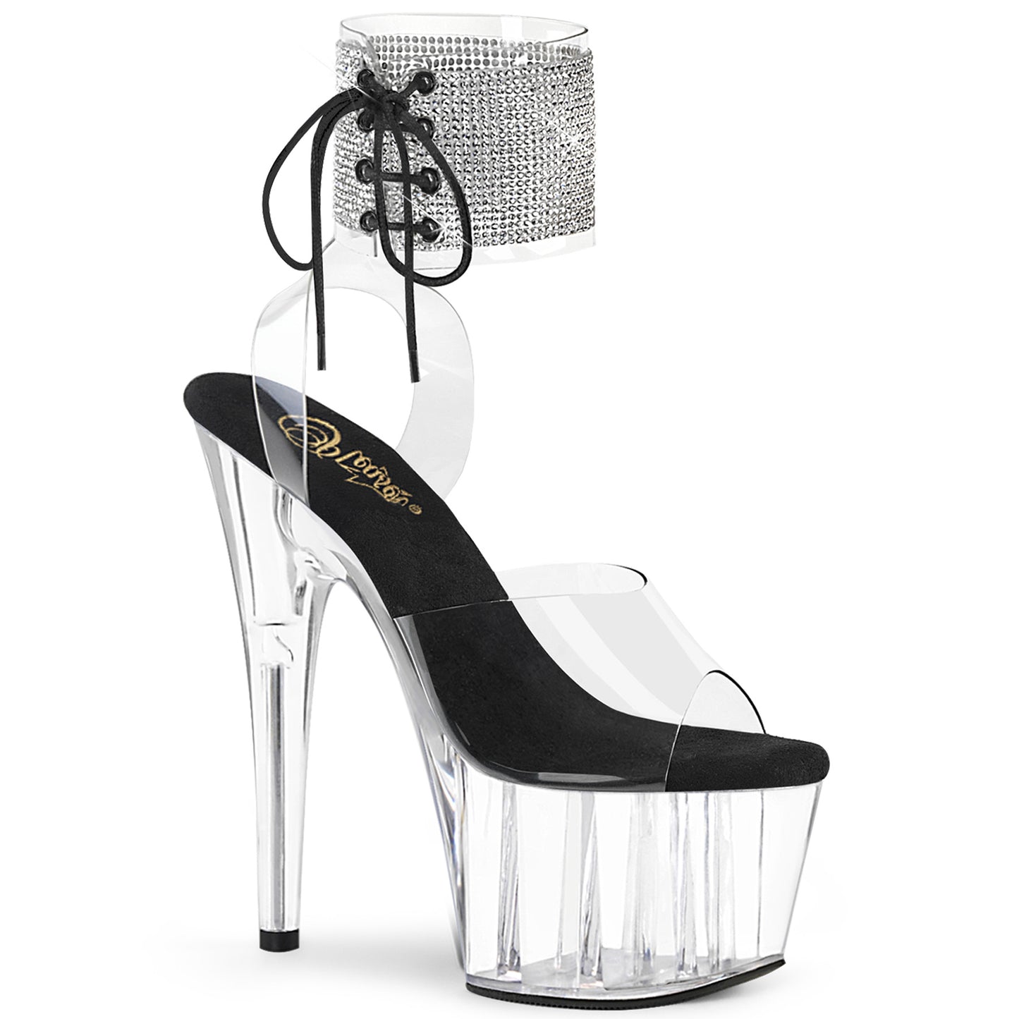 ADORE-791HTRS | 7 INCH HEEL | CLEAR & BLACK ANKLE CUFF SANDAL WITH RHINESTONES