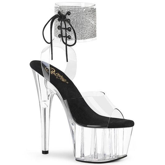 ADORE-791HTRS | 7 INCH HEEL | CLEAR & BLACK ANKLE CUFF SANDAL WITH RHINESTONES