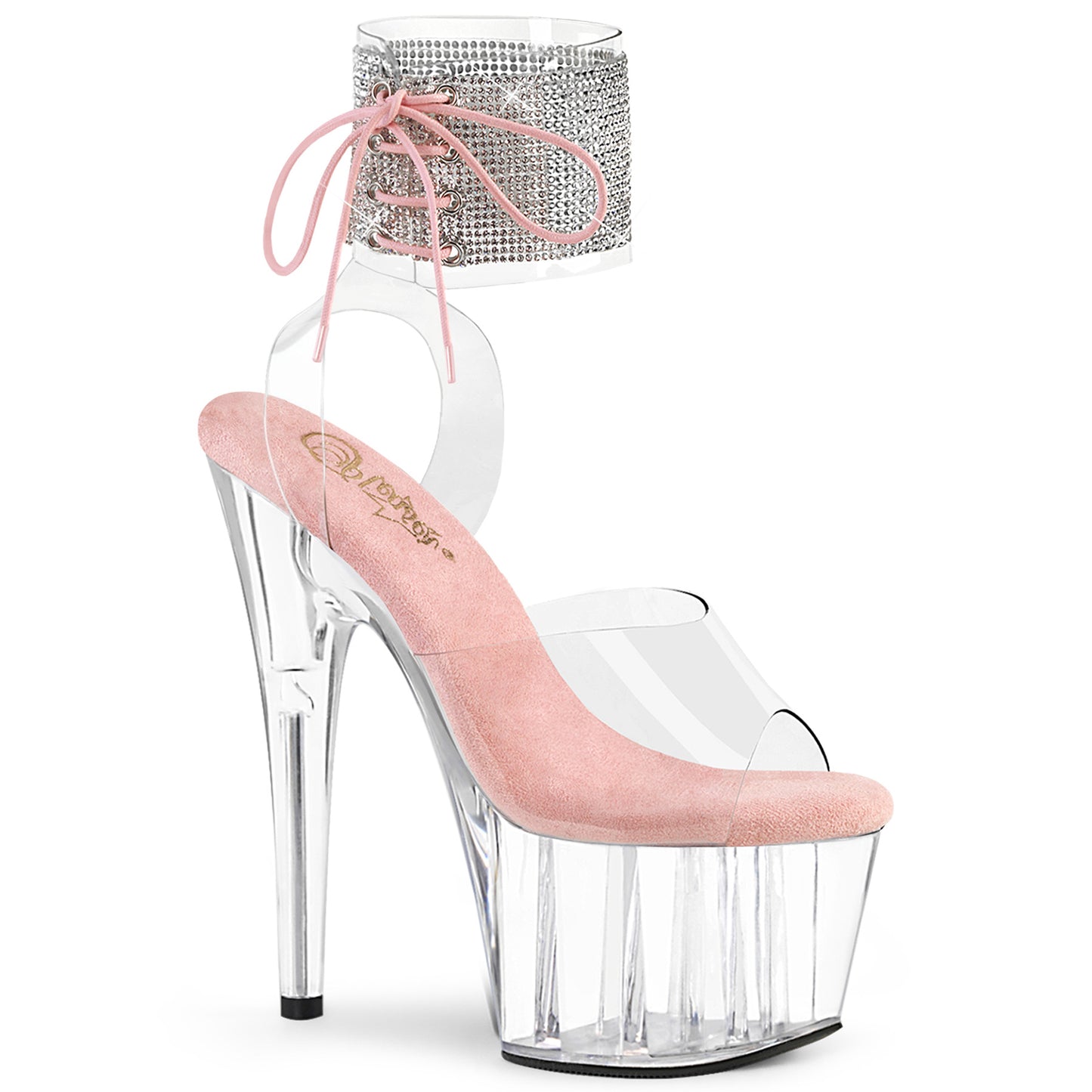 ADORE-791HTRS | 7 INCH HEEL | PINK & WHITE ANKLE CUFF SANDAL WITH RHINESTONES