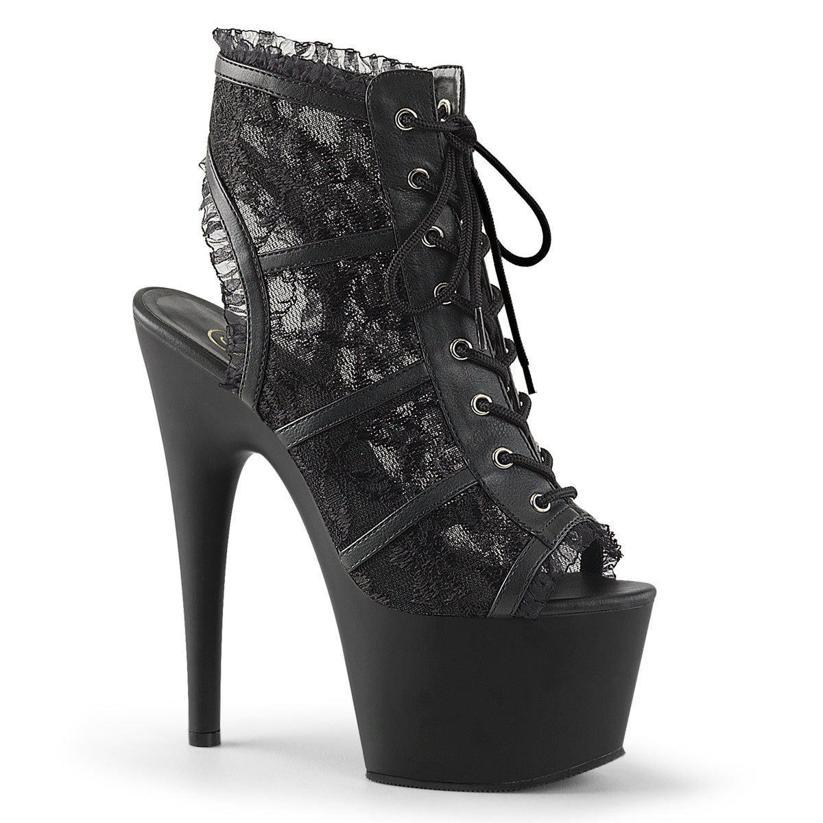 ADORE-796LC | 7 INCH HEELS | BLACK LACE OVERLAY BOOTIE | OPEN TOE
