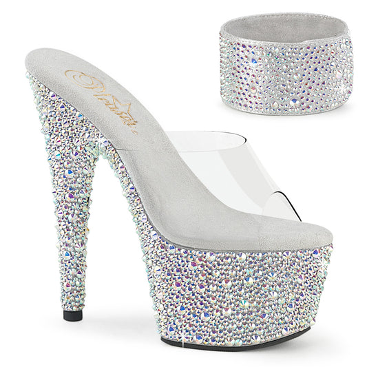BEJEWELED-712MS | 7 INCH HEEL PLATFORM SLIDE FEATURING MULTI SIZED RHINESTONES WITH MATCHING CUFF | SPECIALS / SALES