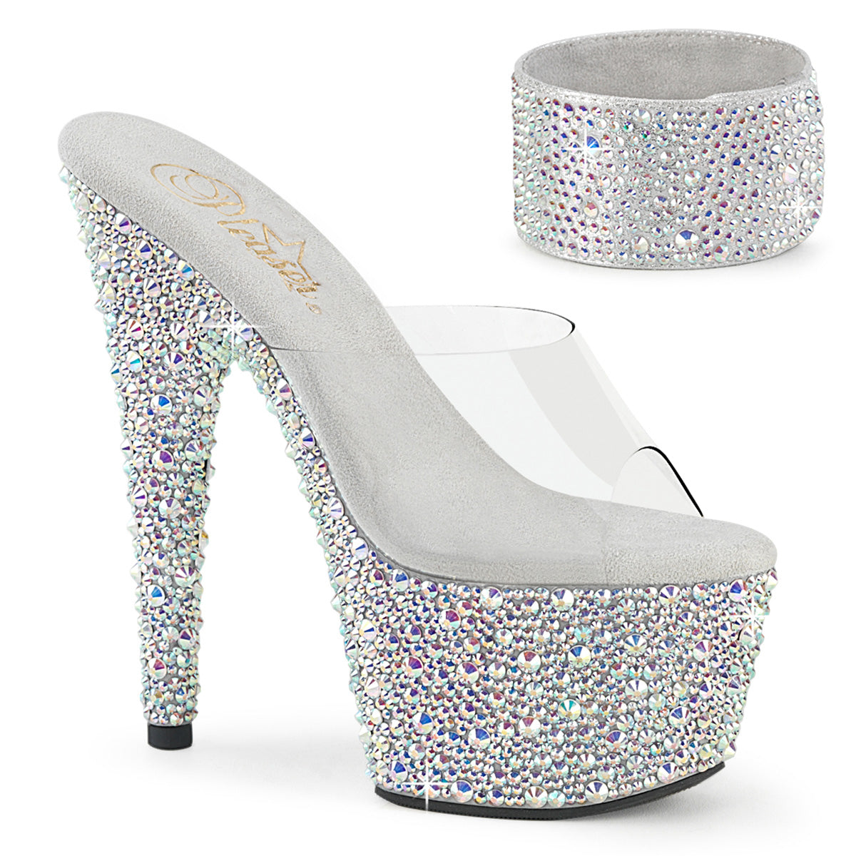 BEJEWELED-712MS | 7 INCH HEEL PLATFORM SLIDE FEATURING MULTI SIZED RHINESTONES WITH MATCHING CUFF