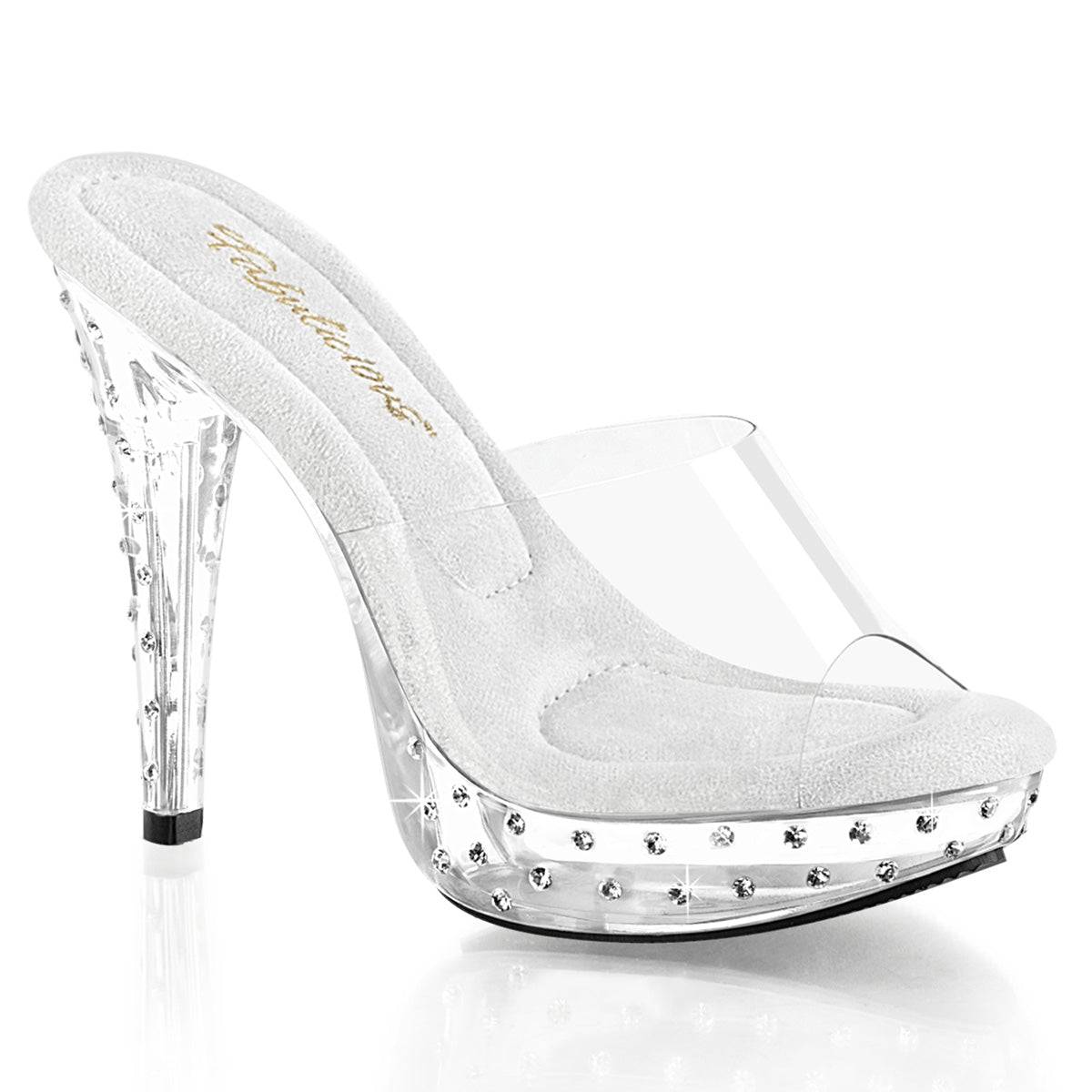 COCKTAIL-501SDT | 5 INCH HEEL | CLEAR AND SILVER SLIDE IN SANDAL WITH RHINESTONES