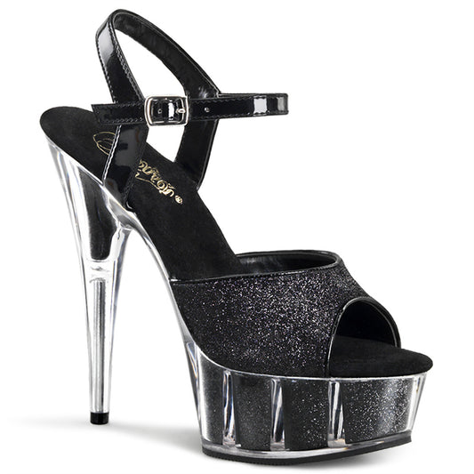 DELIGHT-609 | 6 INCH HEEL | BLACK GLITTER SANDAL WITH ANKLE STRAP
