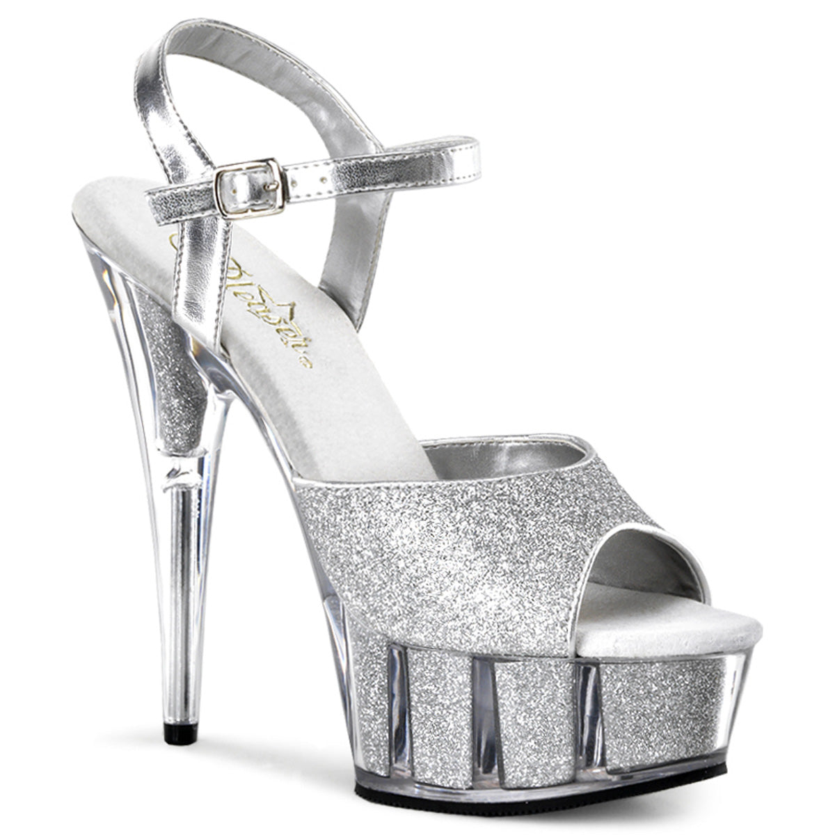 DELIGHT-609 | 6 INCH HEEL |  SILVER GLETTER SANDAL WITH ANKLE STRAP