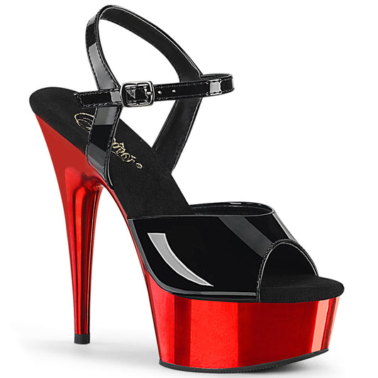 DELIGHT-609 | 6 INCH HEEL |  BLACK & RED CHROME SANDAL WITH ANKLE STRAP
