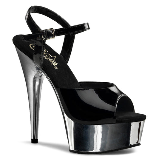 DELIGHT-609 | 6 INCH HEEL |  BLACK CHROME SANDAL WITH ANKLE STRAP