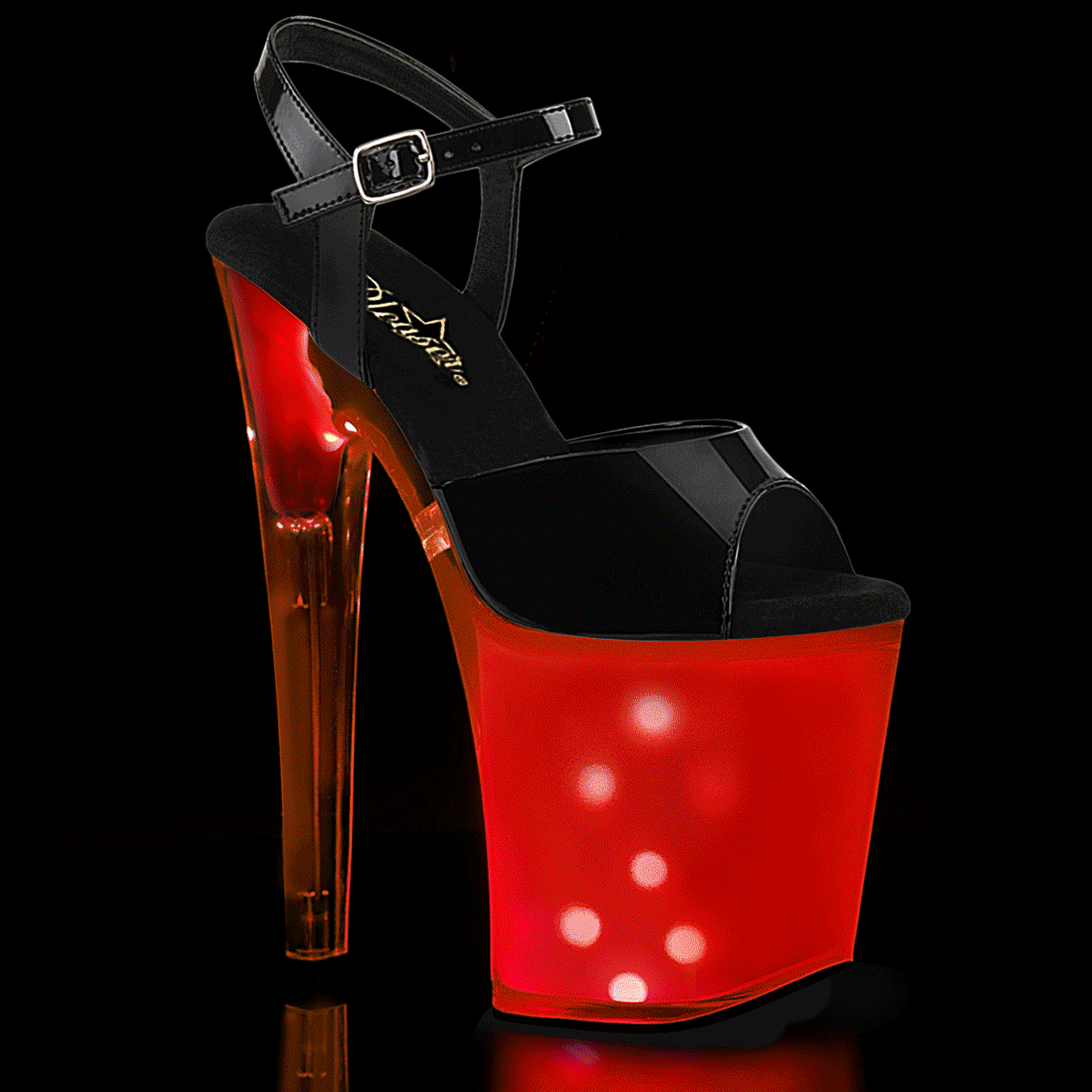DISCOLITE-809 |8 INCH | BLACK PAT/WHITE GLOW PLATFORM | USB CHARGEABLE LED | LIGHTS-UP ANKLE STRAP SANDAL WITH MULTI COLOUR DISCO LIGHTING EFFECTS