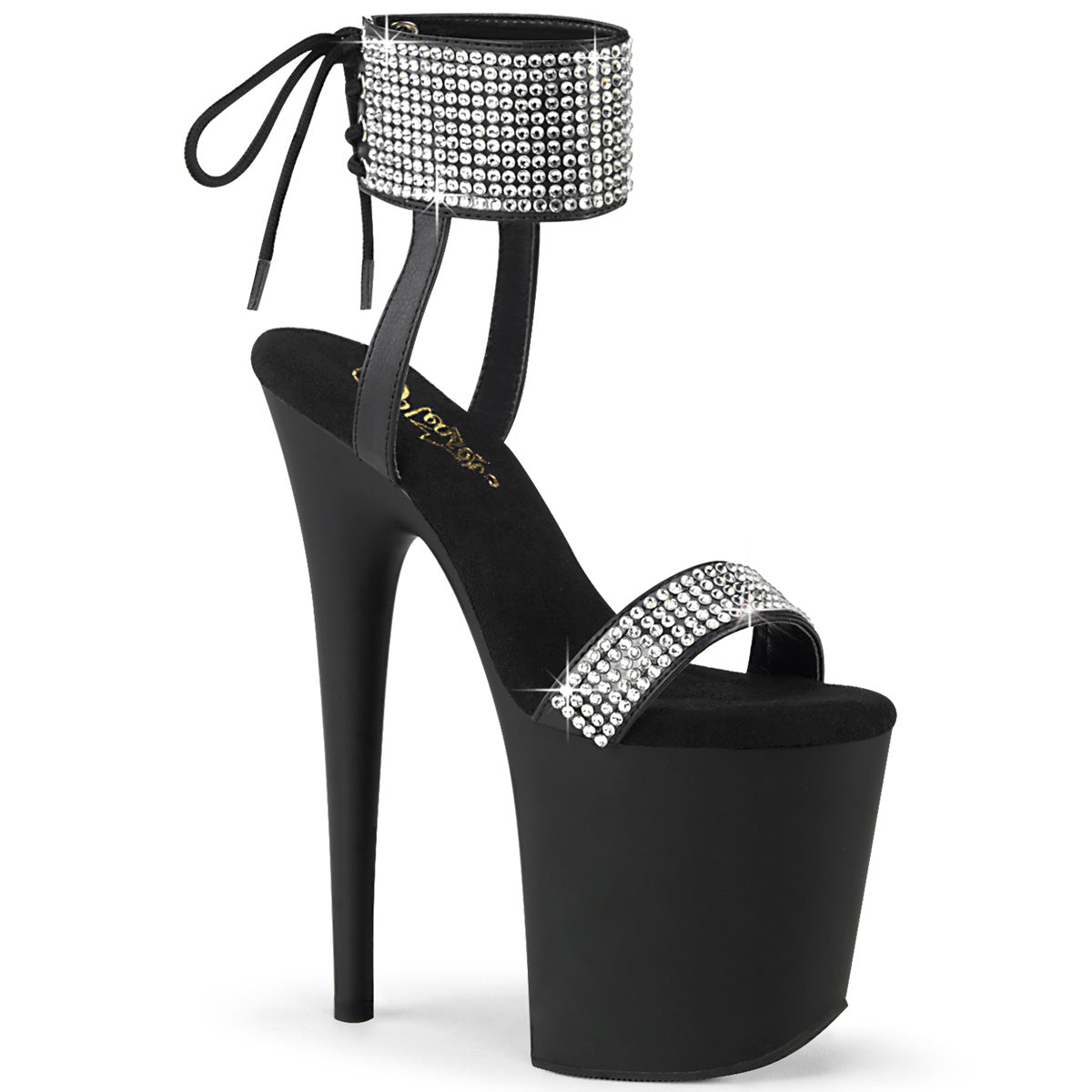 FLAMINGO-870 |8 INCH HEELS | BLACK WITH SILVER RHINESTONES