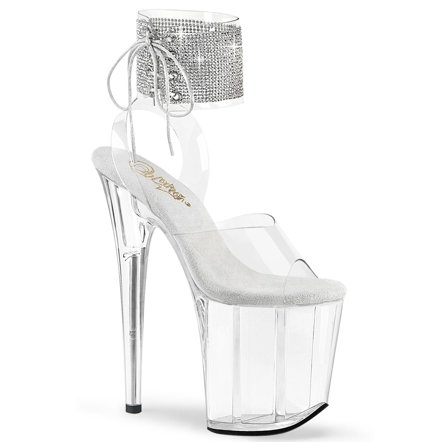 FLAMINGO-891 |8 INCH HEEL | CLEAR WITH SILVER RHINESTONES | ANKLE CUFF HEEL