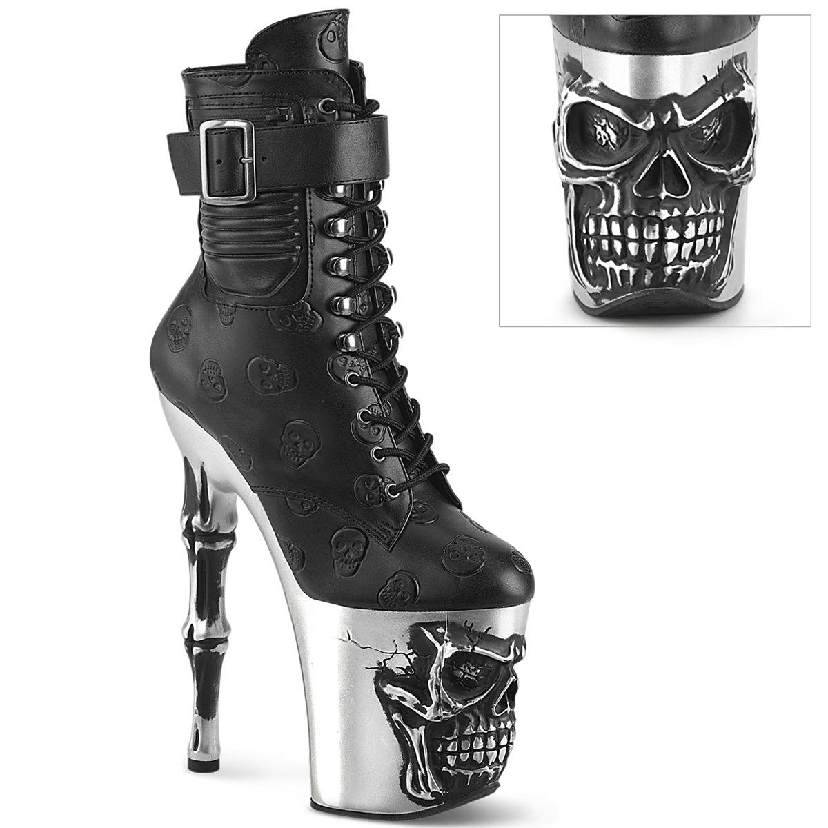 RAPTURE-1020STR-02 |RAPT1020STR-02/BPU/S | 8 INCH BLACK & SILVER CHROME SKULL ANKLE BOOT