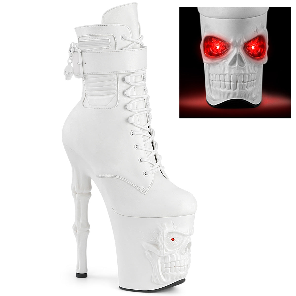 RAPTURE-1020STR-LT | RAPT1020STR-LT/WPU/M | 8 INCH WHITE MATT FAUX LEATHER SKULL PLATFORM WITH RED LED LIGHTS