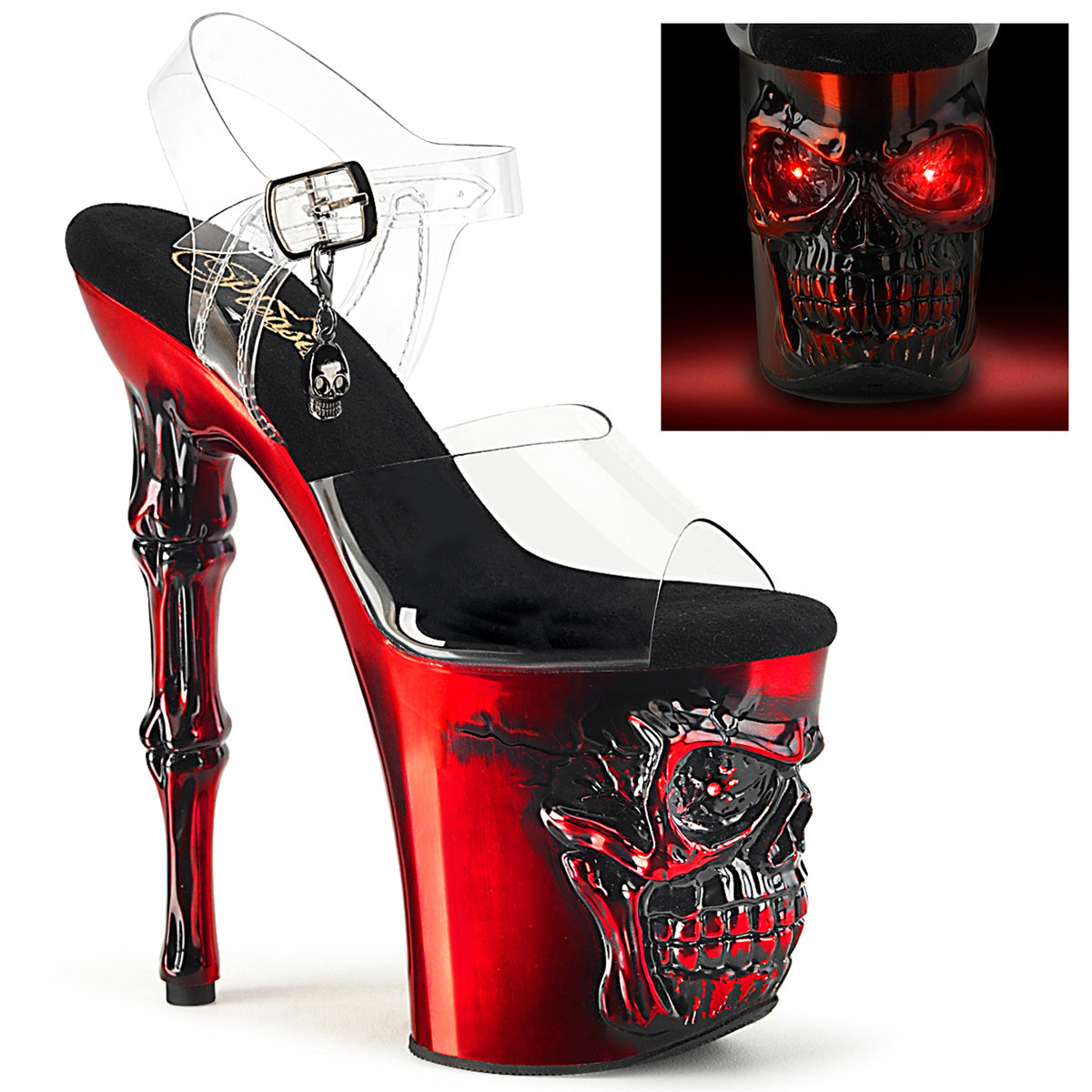 RAPTURE-808-LT |RAPT808-LT/C/RCH| 8 INCH RED CHRORME SKULL SCULPTED PLATFORM WITH RED LED LIGHTS
