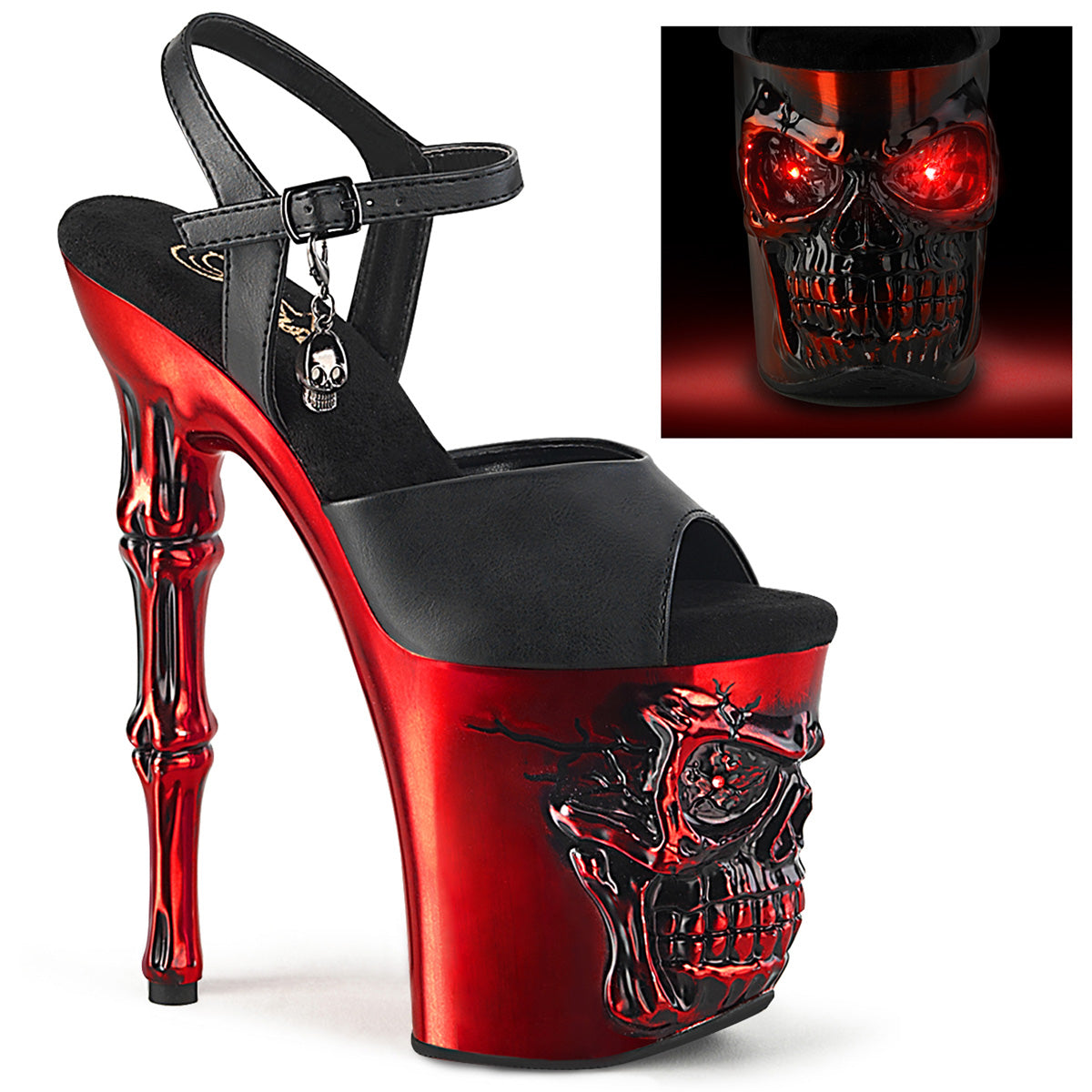 RAPTURE-809-LT |RAPT809-LT/BPU/RCH| 8 INCH LEATHER / SATIN RED CHROME SKULL PLATFORM WITH RED LIGHTS
