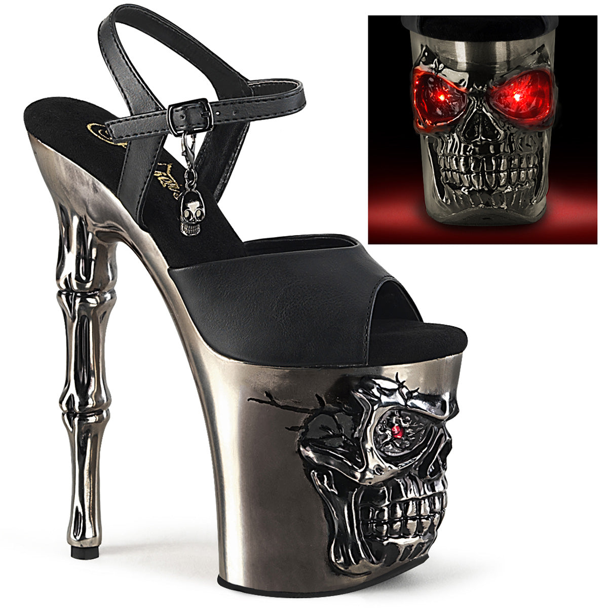 RAPTURE-809-LT |RAPT809-LT/BPU/PWCH| 8 INCH SILVER CHROME & SATIN SKULL PLATFORM FEATURING LIGHTS AND SKULL CHARMS