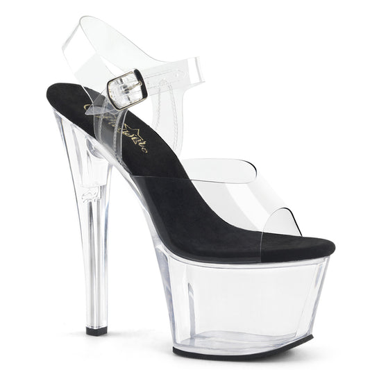 SKY-308 | 7 INCH HEEL | CLEAR WITH BLACK INNER SOLE ANKLE STRAP SANDAL
