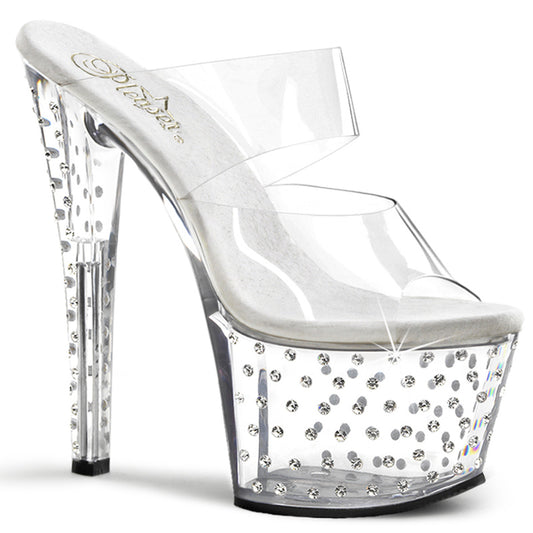 STARDUST-702 |7 INCH HEEL| CLEAR RHINESTONE STUDDED PLATFORM SLIDE | SPECIALS / SALES