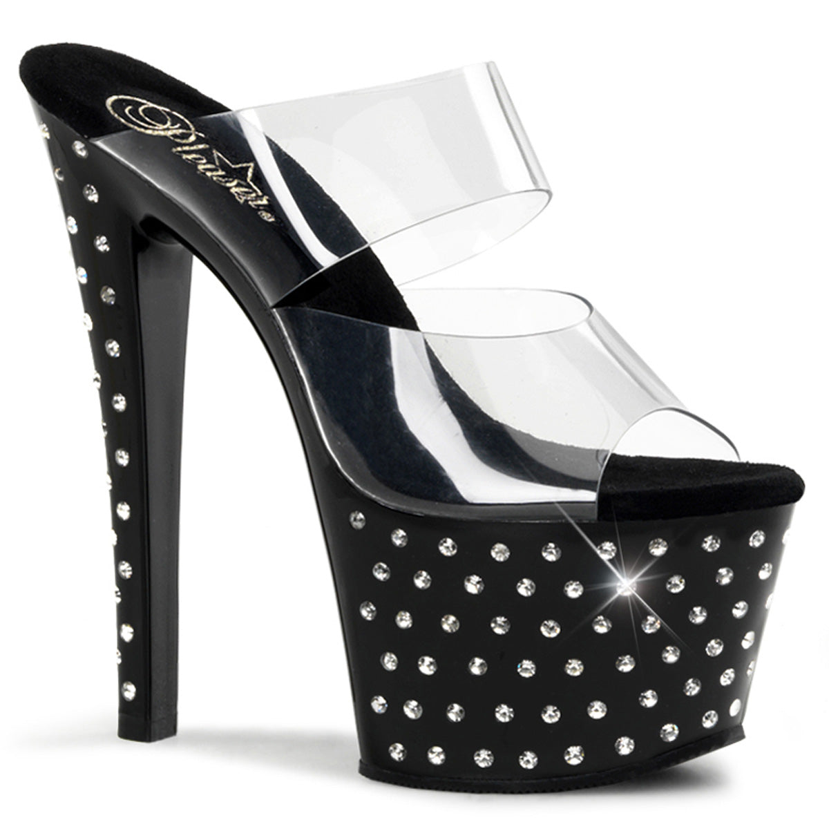 STARDUST-702 |7 INCH HEEL| BLACK WITH RHINESTONE STUDDED PLATFORM SLIDE