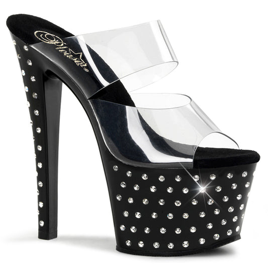STARDUST-702 |7 INCH HEEL| BLACK WITH RHINESTONE STUDDED PLATFORM SLIDE